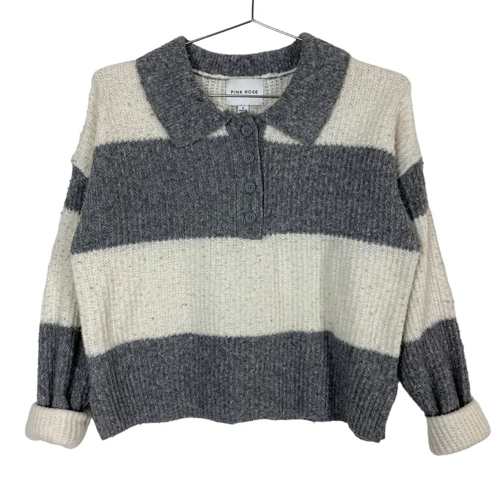 Pink Rose Gray & White Ribbed Collared Sweater - Picture 1 of 9
